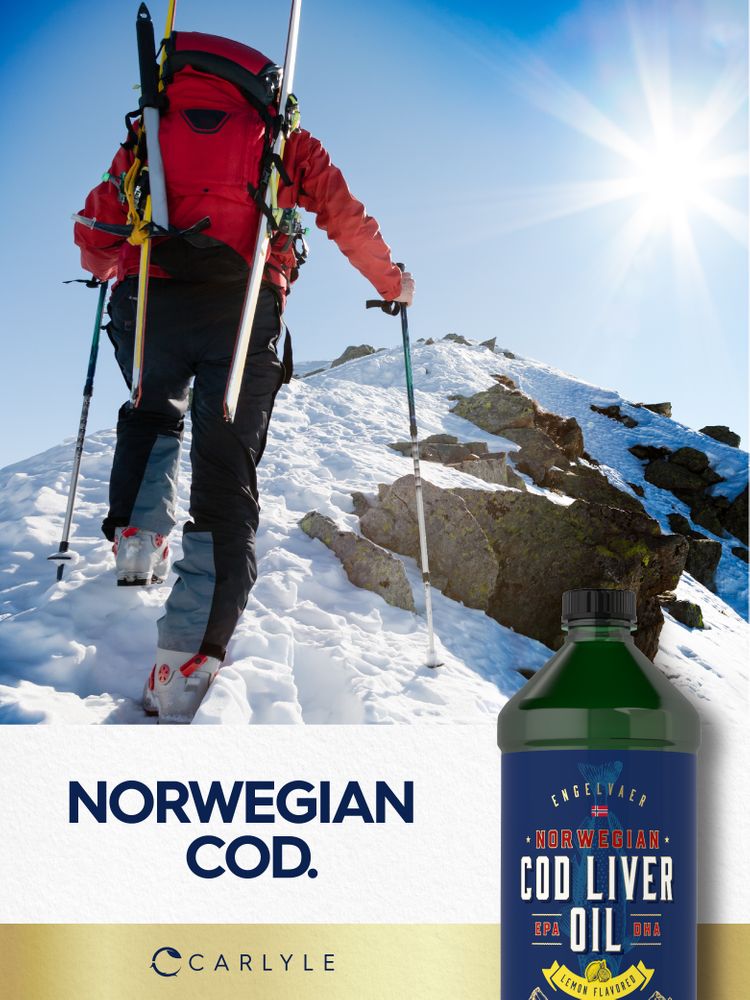 An adult hiking with skis and poles in snowy mountains, next to a Cod Liver Oil bottle.