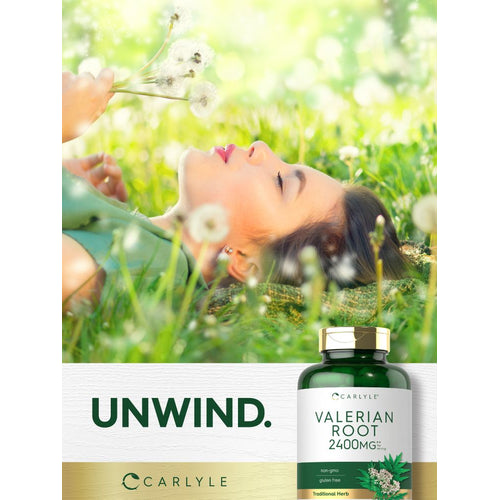 View 6 Young woman lies in a grassy field with dandelions, eyes closed, next to a Valerian Root bottle. Graphic text: UNWIND.