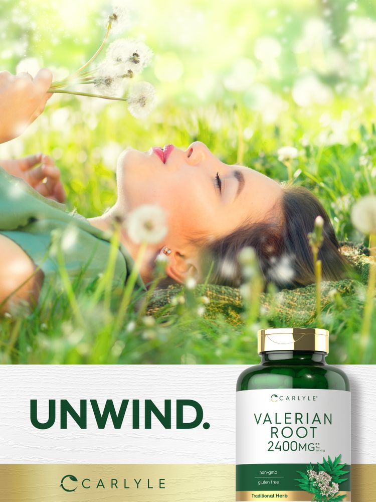 Young woman lies in a grassy field with dandelions, eyes closed, next to a Valerian Root bottle. Graphic text: UNWIND.