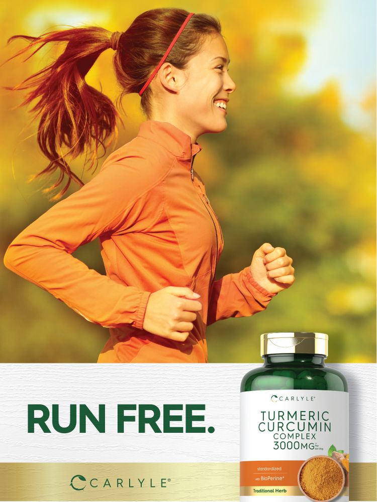 Young adult female jogging outdoors and smiling, holding a bottle of Carlyle Turmeric Curcumin Complex 3000mg.