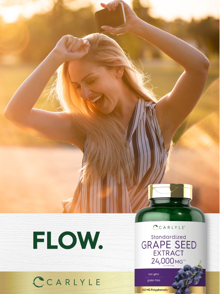 A hand holds Carlyle Grape Seed Extract, 24,000 MG, in a bottle containing 240 capsules.