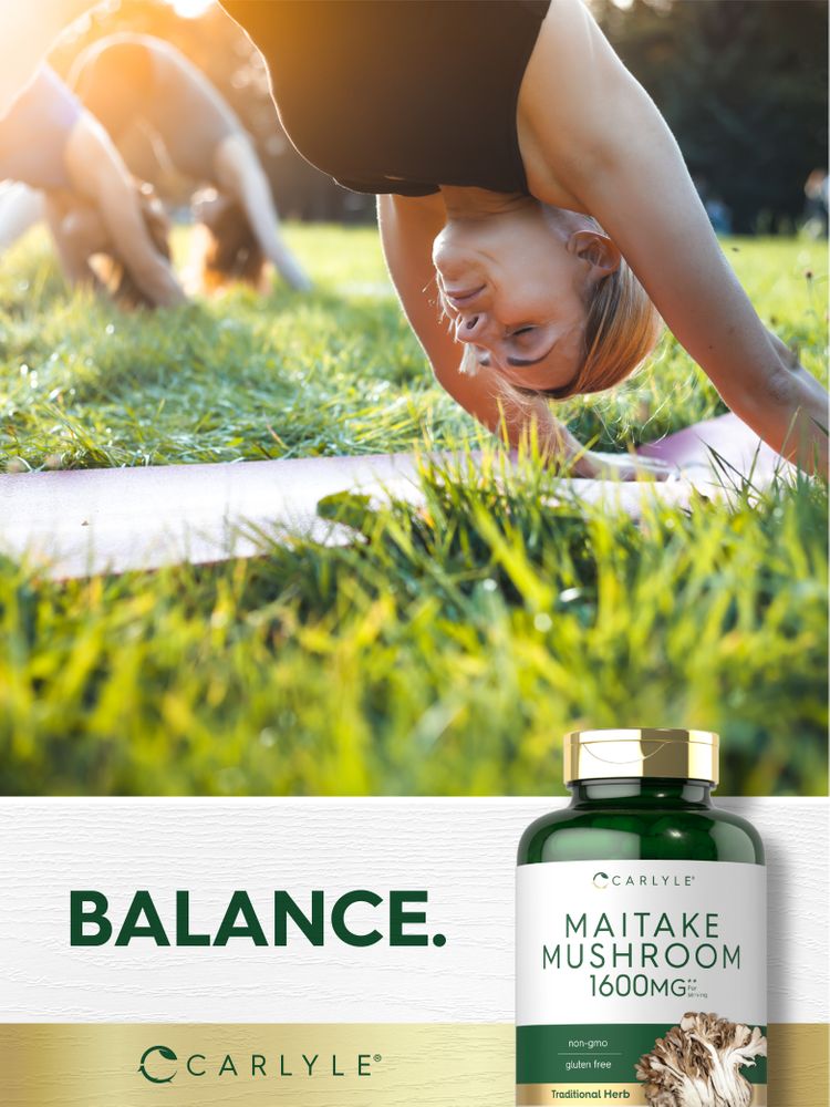 Young women practice yoga outdoors with a bottle of Maitake Mushroom 1600mg beside them.