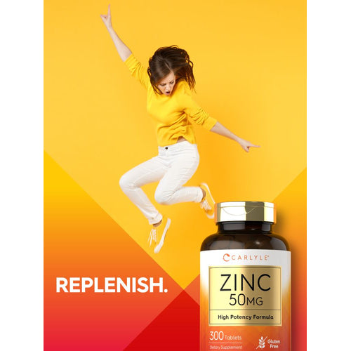 View 6 Carlyle Zinc 50 mg, 300 tablets, displayed on a hand scale for bulk measurement.