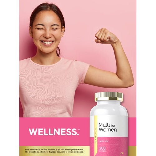 View 6 Carlyle Multi for Women with Iron, 200 softgels shown on a bulk scale with a visible hand for reference.