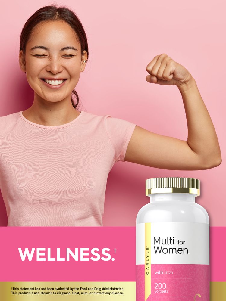 Carlyle Multi for Women with Iron, 200 softgels shown on a bulk scale with a visible hand for reference.