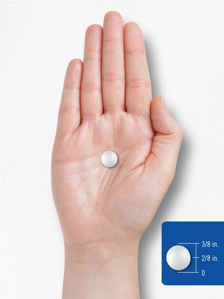A round white tablet with a diameter of 3/8 inch and a thickness of 2/8 inch.