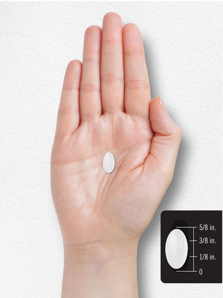 White oval softgel held in a hand, showing dimensions: 5/8 in. length, 3/8 in. width, 1/8 in. thickness.