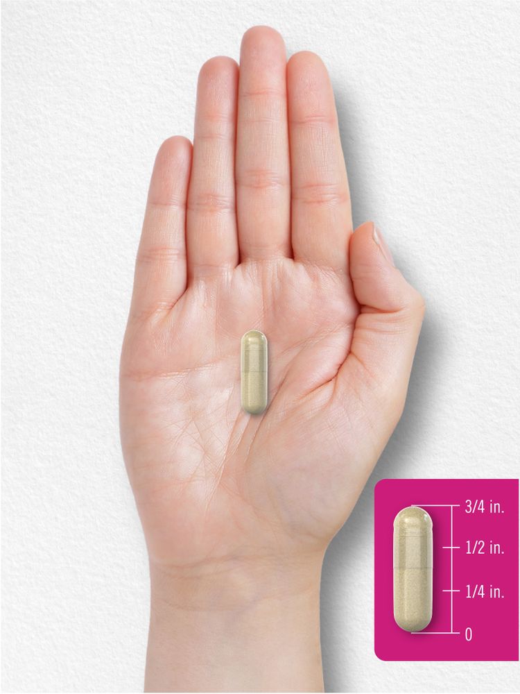 A 3/4 inch capsule on a hand scale, depicting bulk measurement.