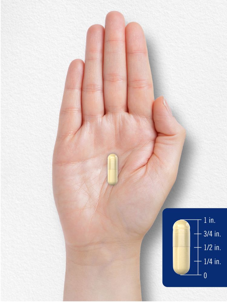A light yellow capsule measuring three-quarters of an inch is placed on a hand scale.