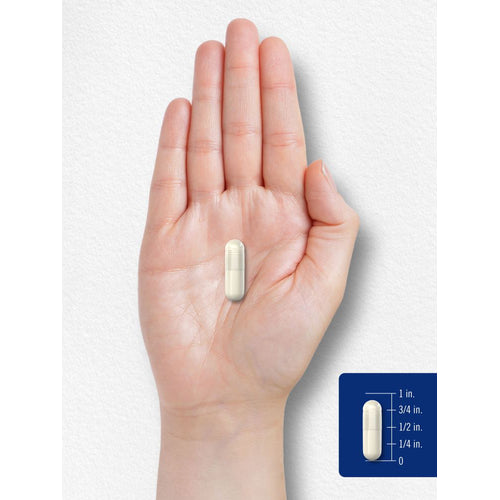 View 7 A 3/4 inch capsule rests on an open palm, illustrating size.