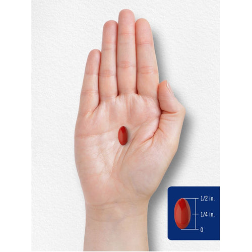 View 7 A red oval softgel measuring half an inch long and a quarter inch wide.