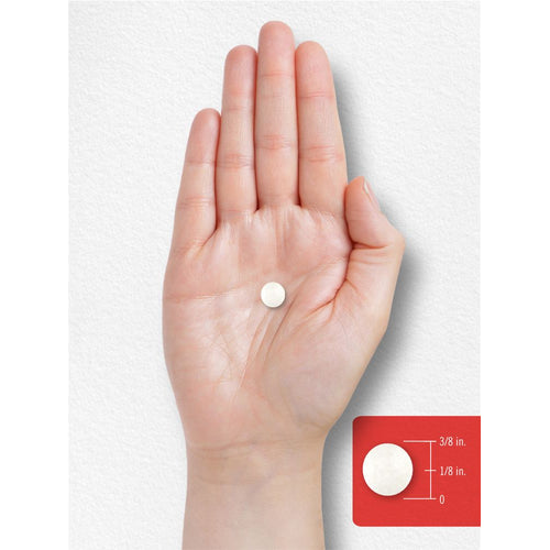 View 7 A round white tablet rests on a hand. It measures 3/8 inch in diameter and 1/8 inch thick.